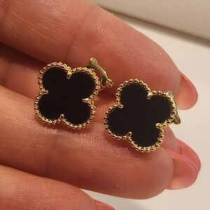 Women's Earrings Clover Gold color, Agate Black cassay value, Stainless Steel